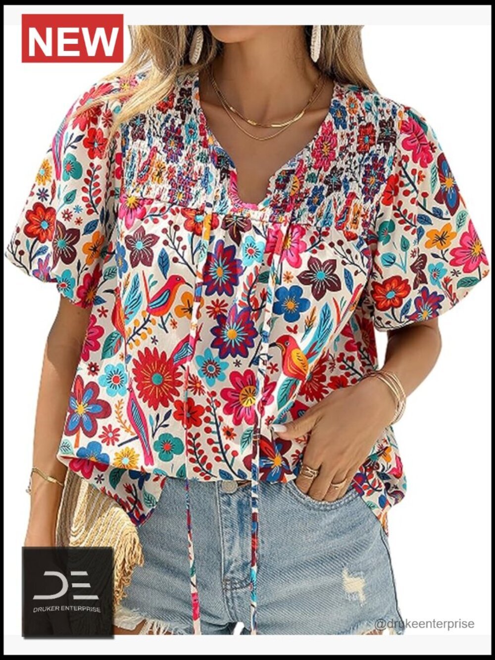 Boho Floral Blouse V Neck Drawstring Short Sleeve Blouses Dressy Casual Summer
